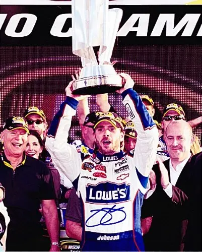 Autographed 2010 Jimmie Johnson #48 Lowe's Racing Championship Trophy (Homestead) Signed Nascar 8X10 Glossy Photo With Coa 1