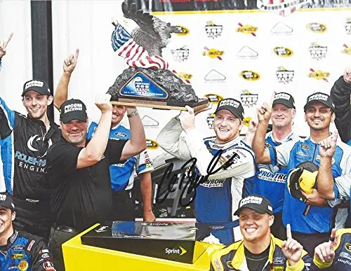 Autographed 2016 Chris Buescher #34 Front Row Motorsports Racing Pennsylvania 400 Pocono Race Win (Victory Lane Trophy) Rookie Season Collectible Picture Nascar 9X11 Inch Glossy Photo With Coa 1