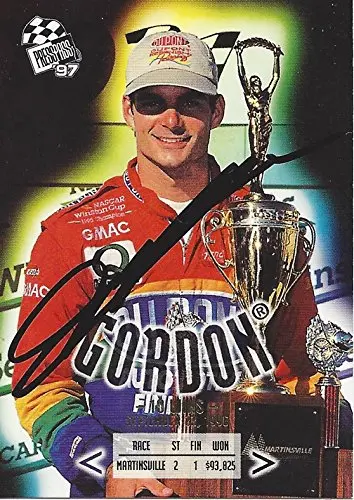 Autographed Jeff Gordon 1997 Press Pass Racing Martinsville & North Wilkesboro Win (#24 Dupont Rainbow Team) Hendrick Motorsports Vintage Signed Nascar Collectible Trading Card With Coa 1
