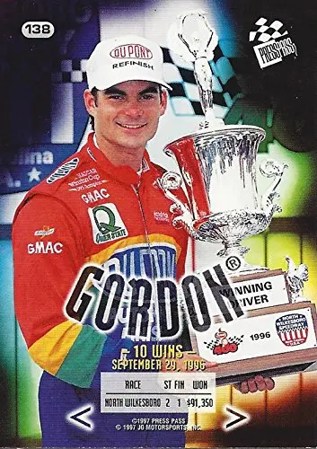 Autographed Jeff Gordon 1997 Press Pass Racing Martinsville & North Wilkesboro Win (#24 Dupont Rainbow Team) Hendrick Motorsports Vintage Signed Nascar Collectible Trading Card With Coa 2