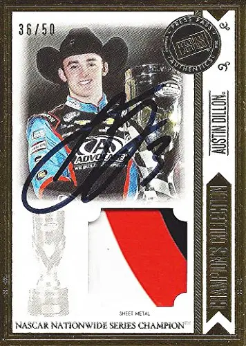 Autographed Austin Dillon 2014 Press Pass Total Memorabilia Champion's Collection (3-Color) Race-Used Sheetmetal Relic Memorabilia Signed Collectible Nascar Insert Trading Card With Coa (#36 Of Only 50 Produced!) 1