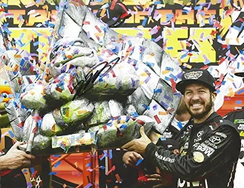 Autographed 2017 Martin Truex Jr. #78 Furniture Row Racing Chicagoland Race Win (Tales Of The Turtles 400) Victory Lane Trophy Pose Signed Collectible Picture Nascar 9X11 Inch Glossy Photo With Coa 1