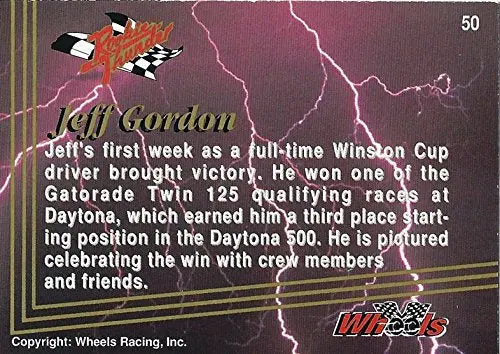 Autographed Jeff Gordon 1993 Wheels Racing Rookie Thunder (Daytona Gatorade 125 Victory) #24 Dupont Rainbow Team (Winston Cup Series) Vintage Signed Nascar Collectible Trading Card With Coa 2