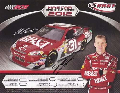 Autographed 2012 Jeff Burton #31 Bb&T Racing Team (Rcr) 9X11 Nascar Signed Hero Card W/Coa 1