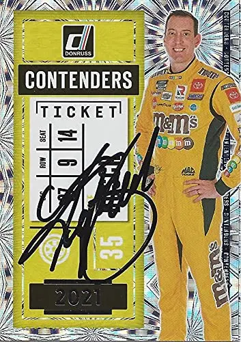 Autographed Kyle Busch 2021 Panini Donruss Contenders Ticket (#18 M&Ms Team) Joe Gibbs Racing Nascar Cup Series Insert Signed Collectible Trading Card With Coa 1