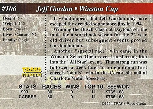 Autographed Jeff Gordon 1994 Traks Premium Racing First Run (#24 Dupont Rainbow Team) Hendrick Motorsports Vintage Signed Nascar Collectible Trading Card With Coa 2