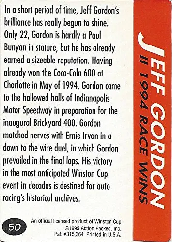 Autographed Jeff Gordon 1995 Action Packed Racing Inaugural Brickyard 400 Winner (Winston Cup Trophy) #24 Dupont Rainbow Hendrick Motorsports Vintage Signed Nascar Collectible Trading Card With Coa 2