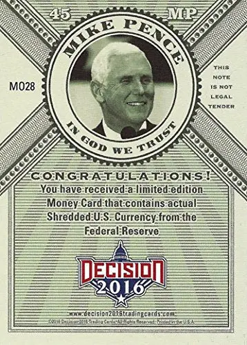 Mike Pence 2016 Leaf Decision Series 2 Shredded Money Card (Federal Reserve) Extremely Rare Gold Parallel Insert Relic Presidential Politics Collectible Trading Card #Mo28 2
