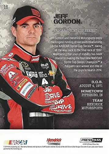 Autographed Jeff Gordon 2014 Press Pass American Thunder Racing (#24 Aarp Drive To End Hunger Chevrolet Team) Hendrick Motorsports Signed Nascar Collectible Trading Card With Coa 2
