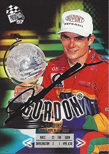 Autographed Jeff Gordon 1997 Press Pass Racing Darlington Race Win (#24 Dupont Rainbow Team) Hendrick Motorsports Vintage Signed Nascar Collectible Trading Card With Coa 1