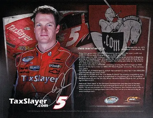 Autographed 2012 Dale Earnhardt Jr. #5 Tax Slayer Racing (Nationwide) 9X11 Hero Card W/Coa 1