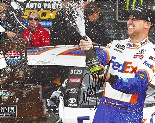 Autographed 2019 Denny Hamlin #11 Fedex Team Texas Race Win (Victory Champagne Celebration) Joe Gibbs Racing Monster Cup Series Signed Collectible Picture 8X10 Inch Nascar Glossy Photo With Coa 1