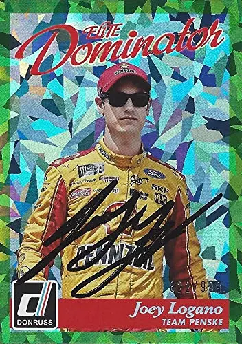 Autographed Joey Logano 2018 Panini Donruss Racing Elite Dominator (#22 Pennzoil Penske Team) Green Parallel Insert Signed Nascar Collectible Trading Card With Coa #822/999 1