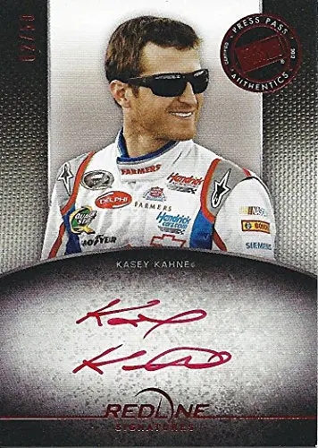 Autographed Kasey Kahne 2012 Press Pass Red Line Racing Red-Ink Signature (#5 Farmers Insurnace Team) Hendrick Insert Signed Nascar Collectible Trading Card (#02 Of 50) 1