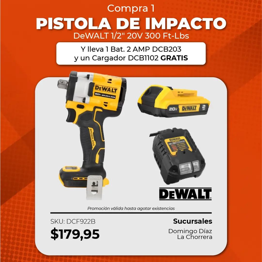 Pistola De Impacto 1/2" 20 V 300 Ft-Lbs + 1 Batería 2 Ah Dcb203 + Cargador Dcb1102 | Dewalt 1