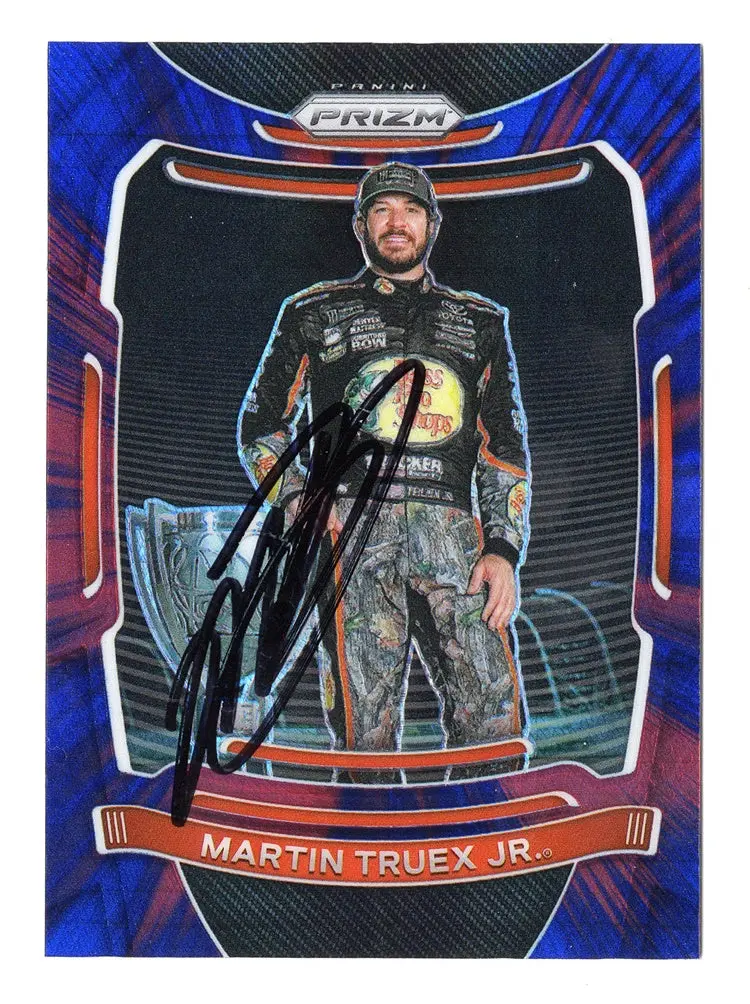 Autographed Martin Truex Jr. 2021 Panini Prizm Racing Red & Blue Hyper Prizm (Championship Trophy) Insert Signed Nascar Collectible Trading Card With Coa 1
