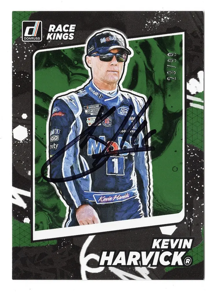 Autographed Kevin Harvick 2022 Donruss Racing Race Kings (#4 Mobil 1 Team) Rare Green Parallel Insert Signed Nascar Collectible Trading Card #28/99 With Coa 1