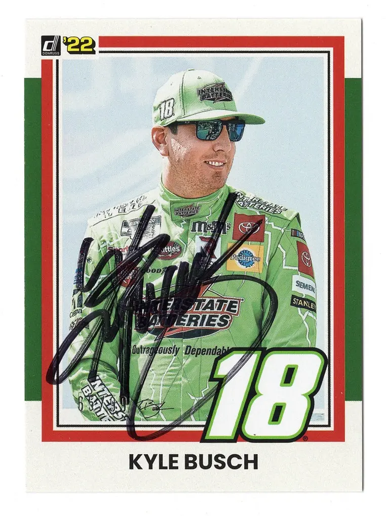 Autographed Kyle Busch 2022 Donruss Racing Rowdy (#18 Interstate Batteries Team) Rare Green Parallel Insert Signed Nascar Collectible Trading Card With Coa #65/99 1