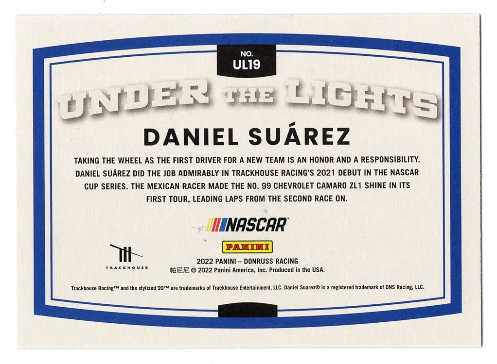 Autographed Daniel Suarez 2022 Donruss Racing Under The Lights (#99 Camping World Team) Trackhouse Racing Insert Signed Nascar Collectible Trading Card With Coa 2