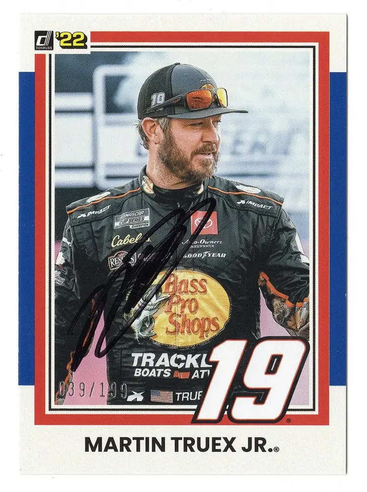 Autographed Martin Truex Jr. 2022 Donruss Racing Mtj (#19 Bass Pro Team) Rare Blue Parallel Insert Signed Nascar Collectible Trading Card #039/199 With Coa 1