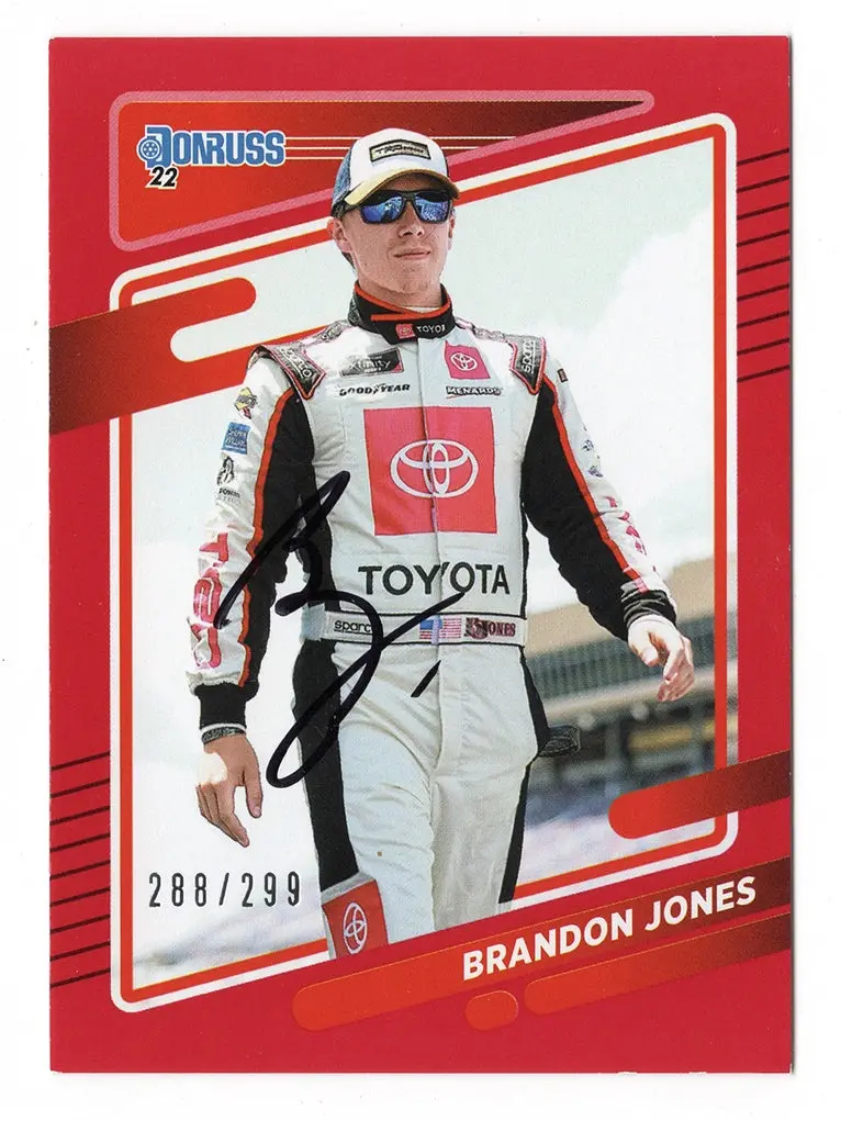 Autographed Brandon Jones 2022 Donruss Racing Rare Red Parallel (#19 Joe Gibbs Toyota Team) Insert Signed Nascar Collectible Trading Card #288/299 With Coa 1