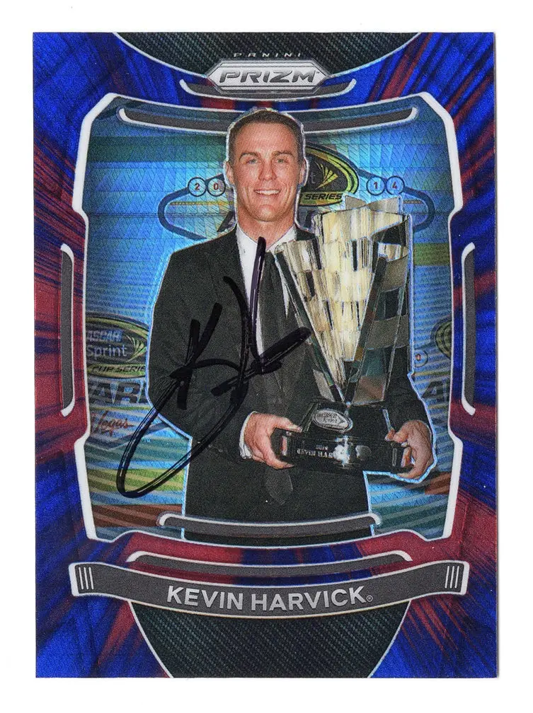 Autographed Kevin Harvick 2021 Panini Prizm Racing Rare Red & Blue Hyper Prizm (Championship Trophy) Insert Signed Nascar Collectible Trading Card With Coa 1