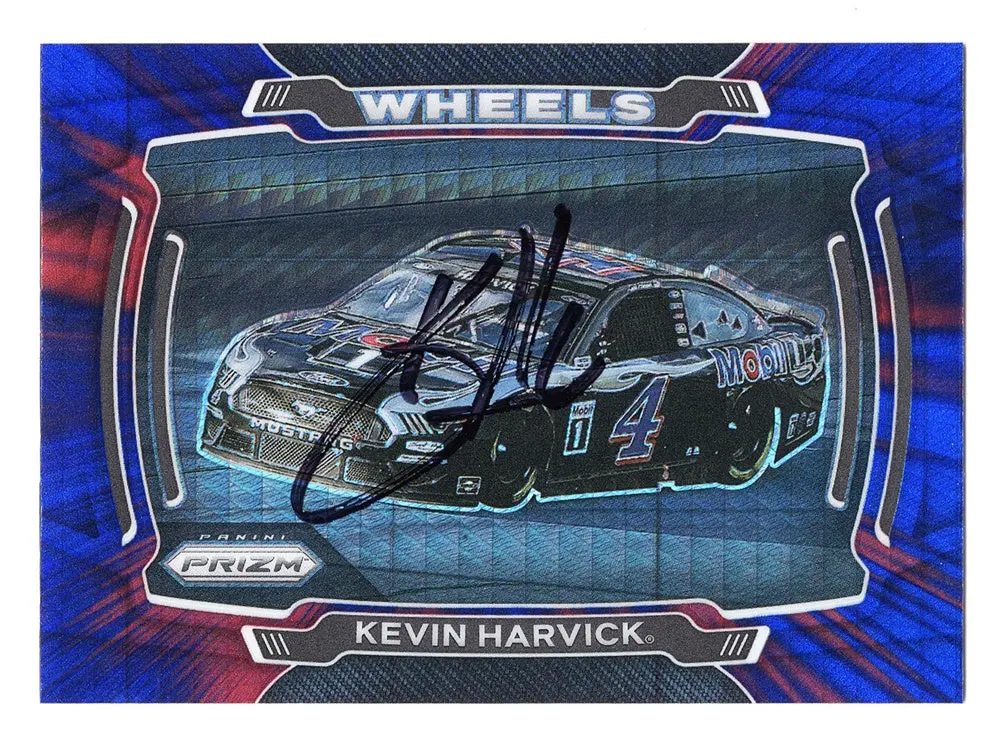 Autographed Kevin Harvick 2021 Panini Prizm Racing Wheels (#4 Mobil 1 Team) Rare Red & Blue Hyper Prizm Insert Signed Nascar Collectible Trading Card With Coa 1