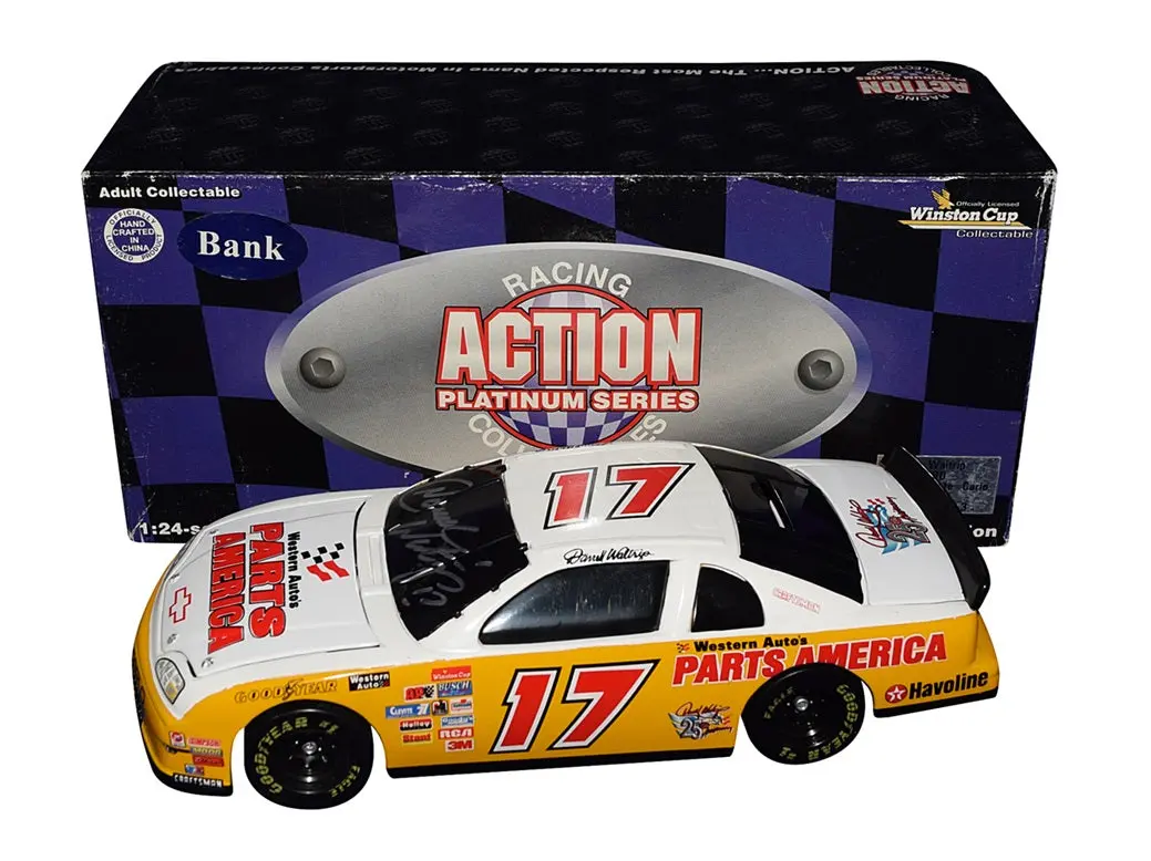 Autographed 1987-1990 Western Auto Racing Yellow (Winston Cup Series) Vintage Black Window Bank Signed Action 1/24 Scale Nascar Diecast Car With Coa (1 Of Only 6,000 Produced) 1