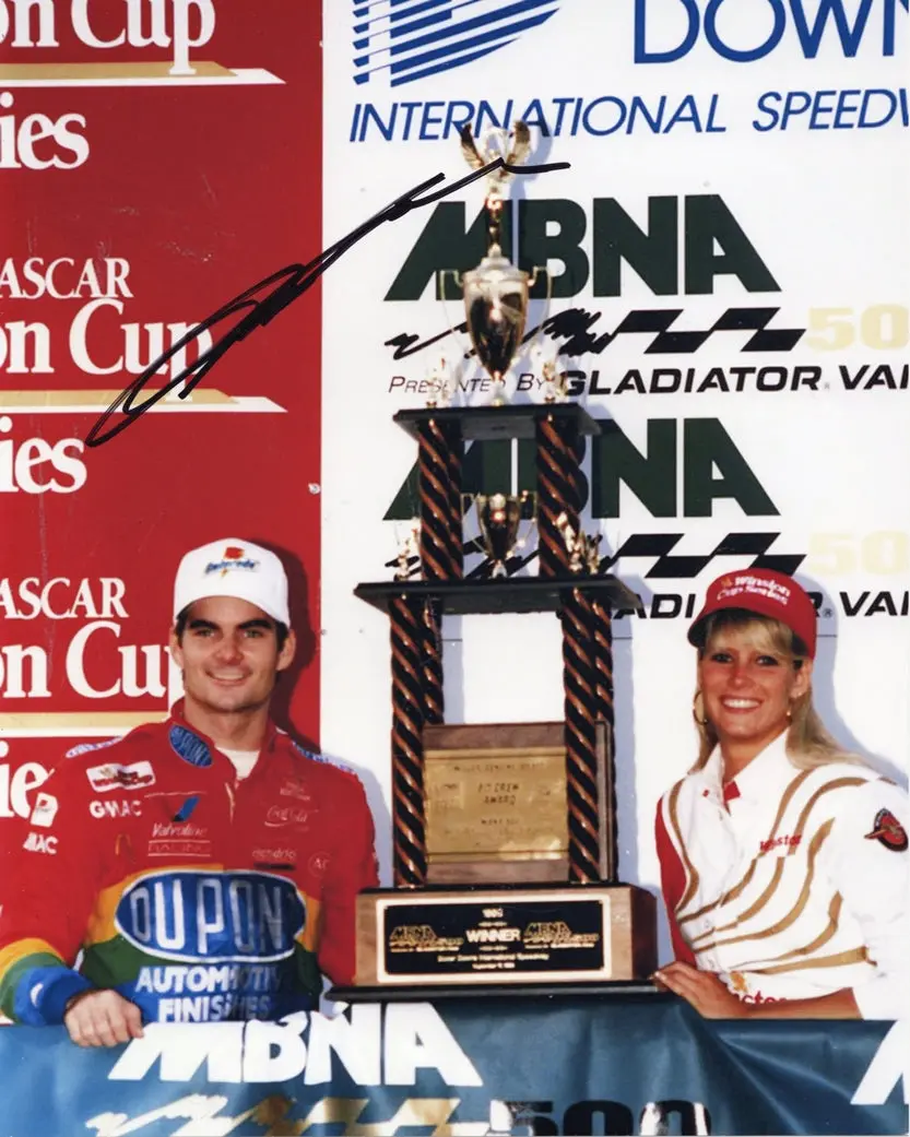 Autographed 1995 Jeff Gordon #24 Dupont Racing Dover Downs Race Win (Victory Lane Trophy) Signed 8X10 Inch Picture Nascar Glossy Photo With Coa 1