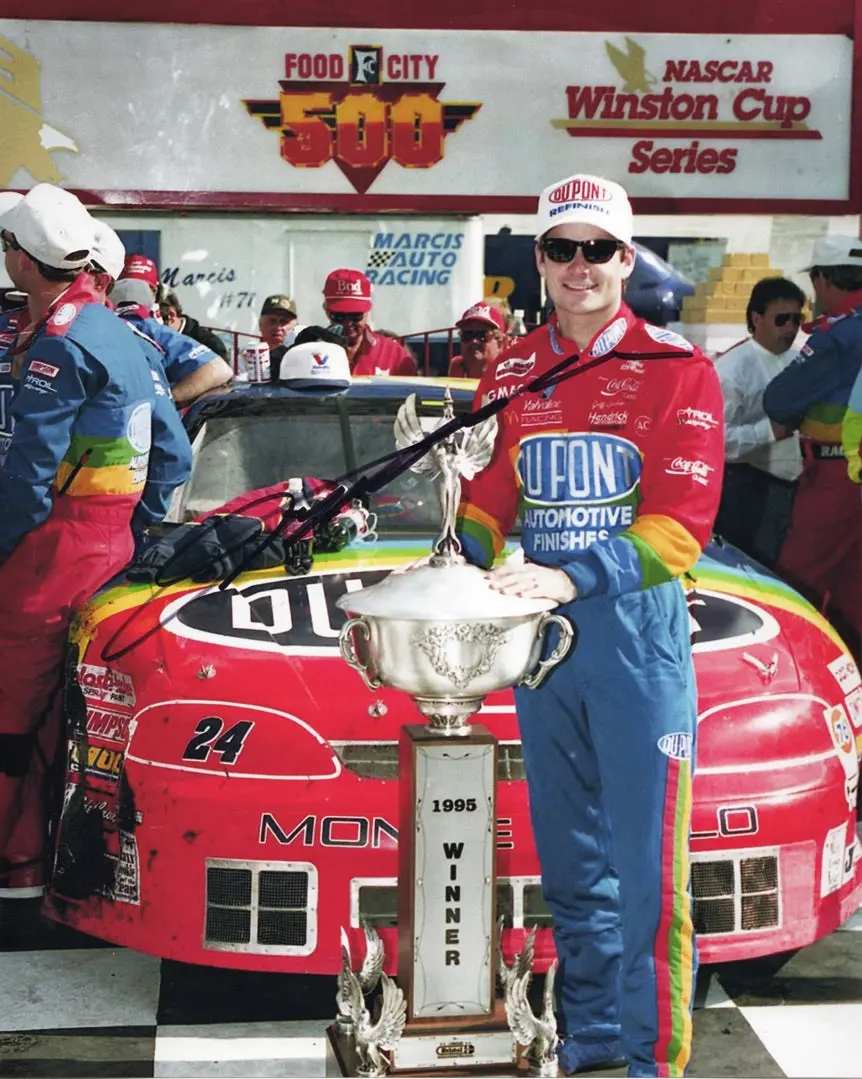 Autographed 1995 Jeff Gordon #24 Dupont Rainbow Bristol Race Win (Food City 500) Victory Lane Trophy Vintage Signed 8X10 Inch Picture Nascar Glossy Photo With Coa 1