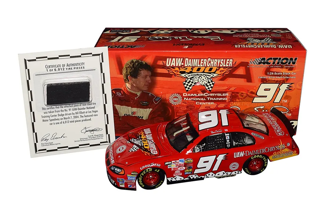 Autographed 2004 Bill Elliott #91 Las Vegas Race (Uaw-Daimlerchrysler 400) Race-Used Tire Piece Included Vintage Signed Action 1/24 Scale Nascar Diecast Car With Coa (1 Of Only 5,148 Produced) 1