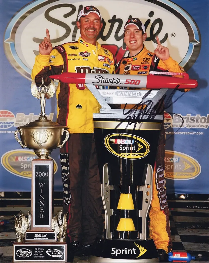 Autographed 2009 Kyle Busch #18 M&M's Racing Bristol Night Race Win (Sharpie 500 Victory Lane Trophy) Signed 8X10 Inch Picture Nascar Glossy Photo With Coa 1