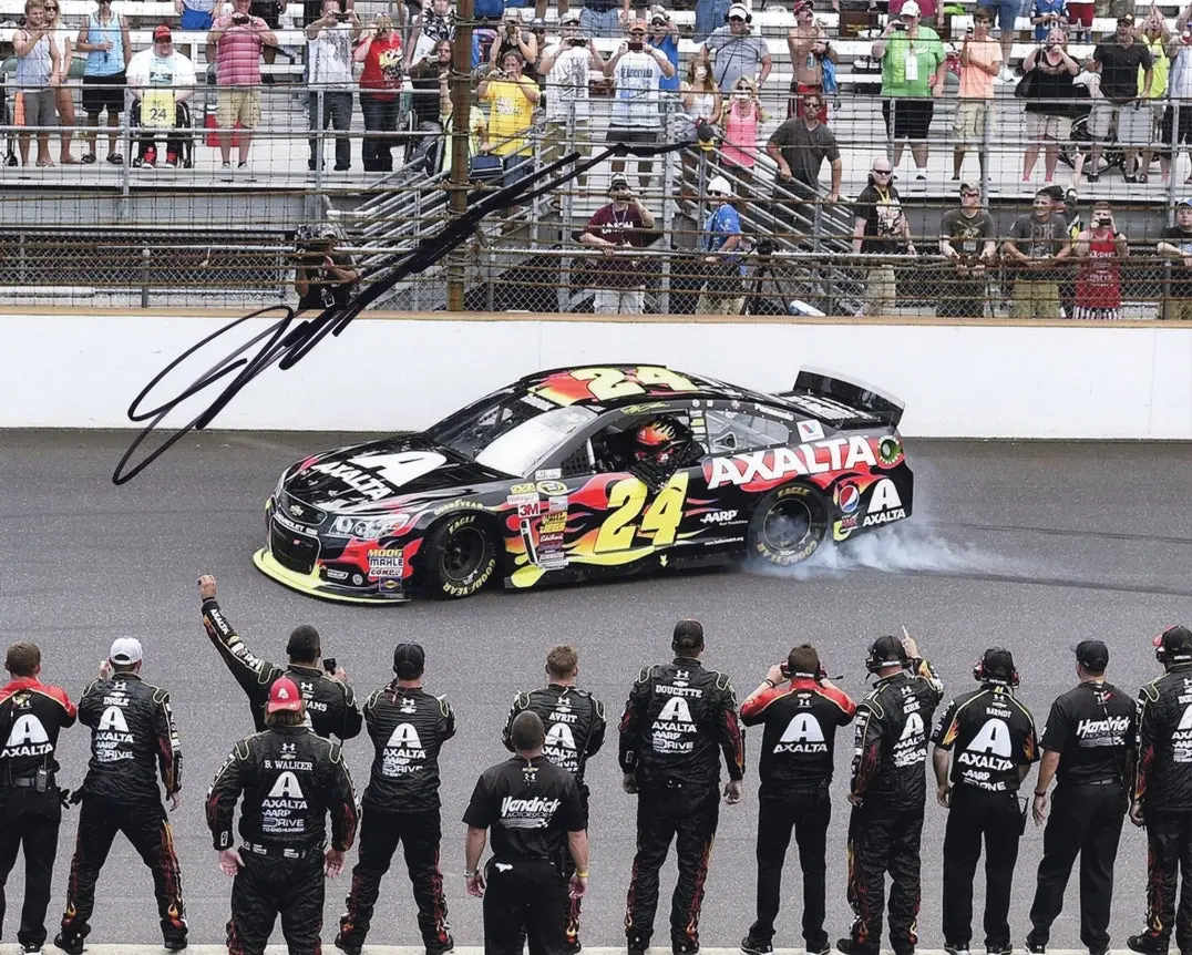 Autographed 2014 Jeff Gordon #24 Axalta Racing Brickyard Indy Race Win (Victory Burnout With Crew) Signed 8X10 Inch Picture Nascar Glossy Photo With Coa 1