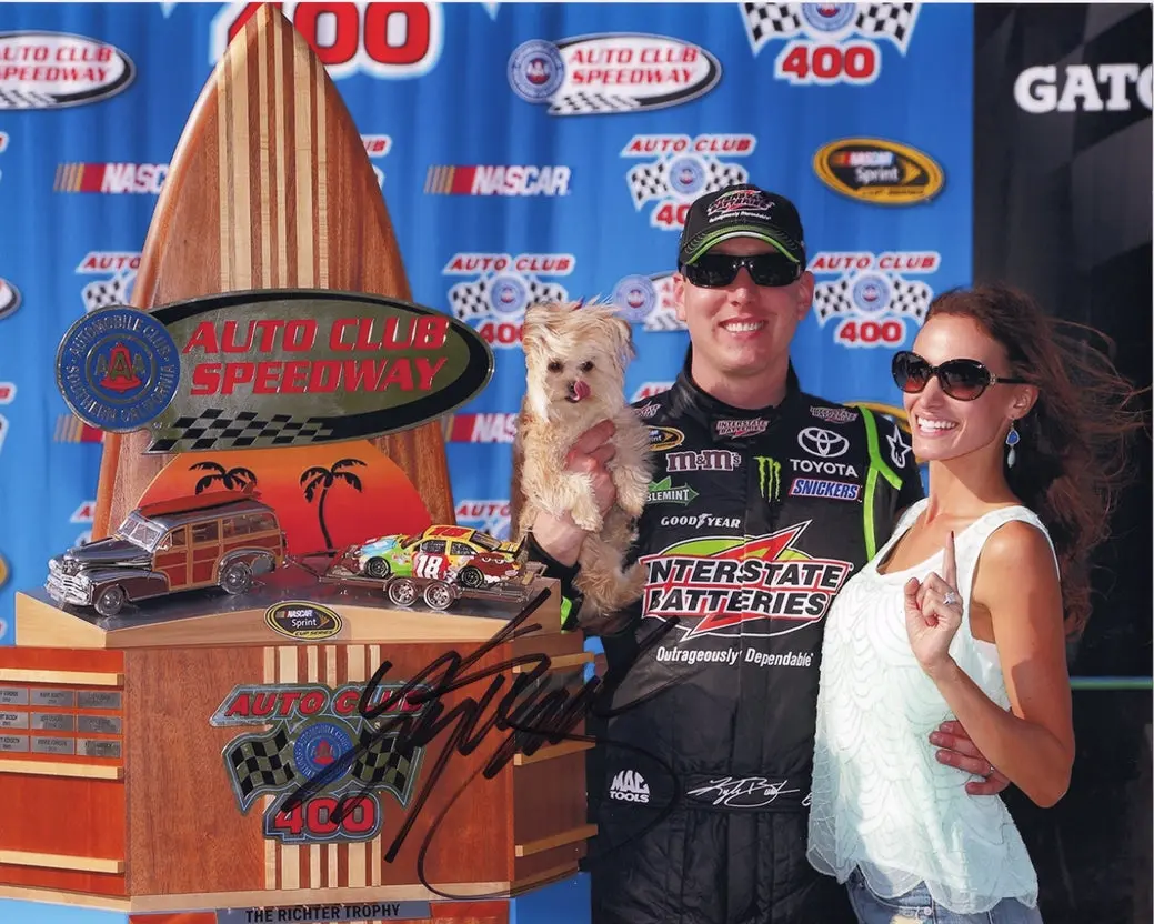 Autographed 2014 Kyle Busch #18 Interstate Batteries Fontana Race Win (Victory Lane Trophy) Signed 8X10 Inch Picture Nascar Glossy Photo With Coa 1
