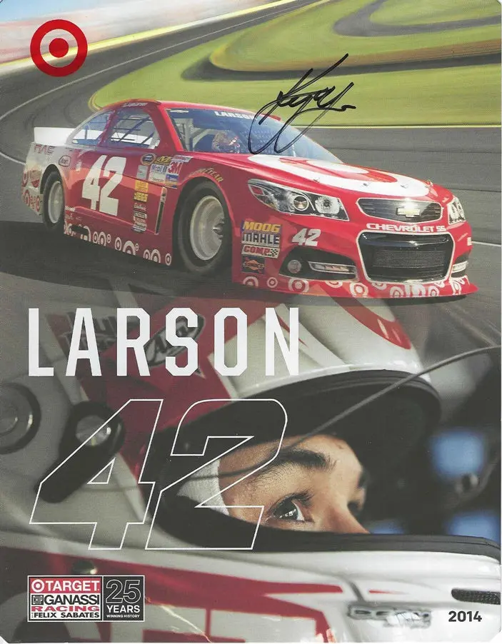 Autographed 2014 Kyle Larson #42 Target/Axe Racing Official Hero Card (Rookie Season) Ganassi Team Signed 8X10 Inch Picture Nascar Photo With Coa 1