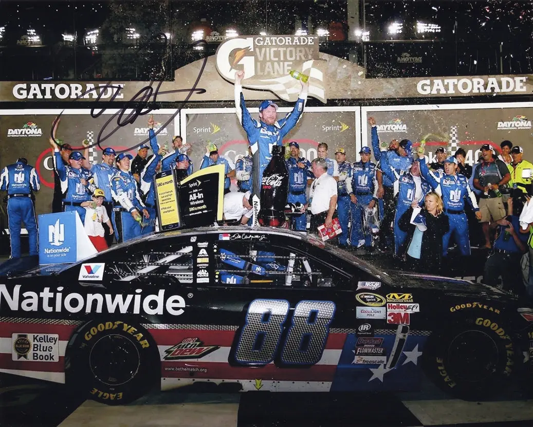 Autographed 2015 Dale Earnhardt Jr. #88 Nationwide Salutes Daytona Night Race Win (Victory Lane) Patriotic Signed 8X10 Inch Picture Nascar Glossy Photo With Coa 1