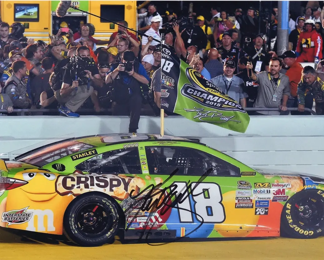 Autographed 2015 Kyle Busch #18 M&Ms Racing Sprint Cup Series Champion (Champ Flag) Signed 8X10 Inch Picture Nascar Glossy Photo With Coa 1