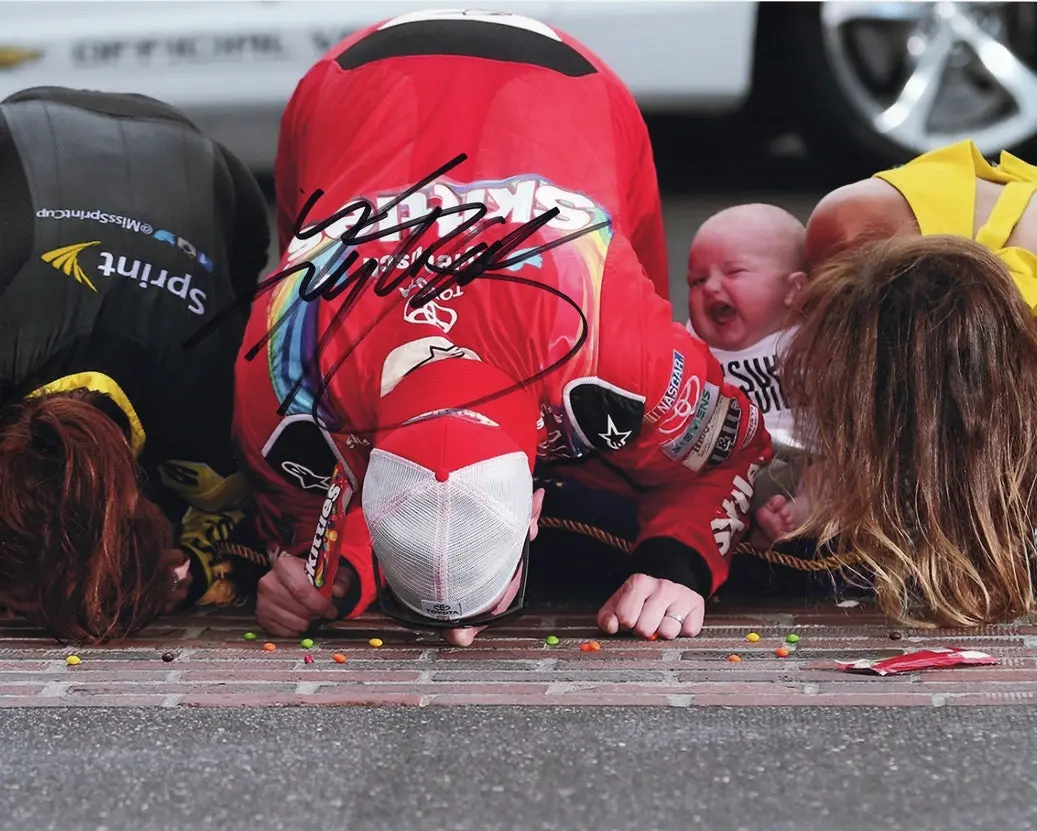 Autographed 2016 Kyle Busch #18 Skittles Racing Indy Brickyard 400 Race Win (Kissing The Bricks) Signed 8X10 Inch Picture Nascar Glossy Photo With Coa 1