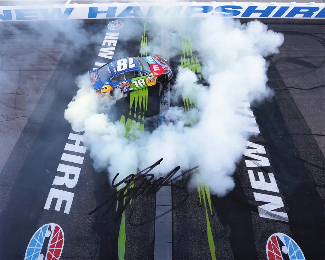 Autographed 2017 Kyle Busch #18 M&Ms Caramel Racing New Hampshire Race Win (Victory Burnout) Signed 8X10 Inch Picture Nascar Glossy Photo With Coa 1