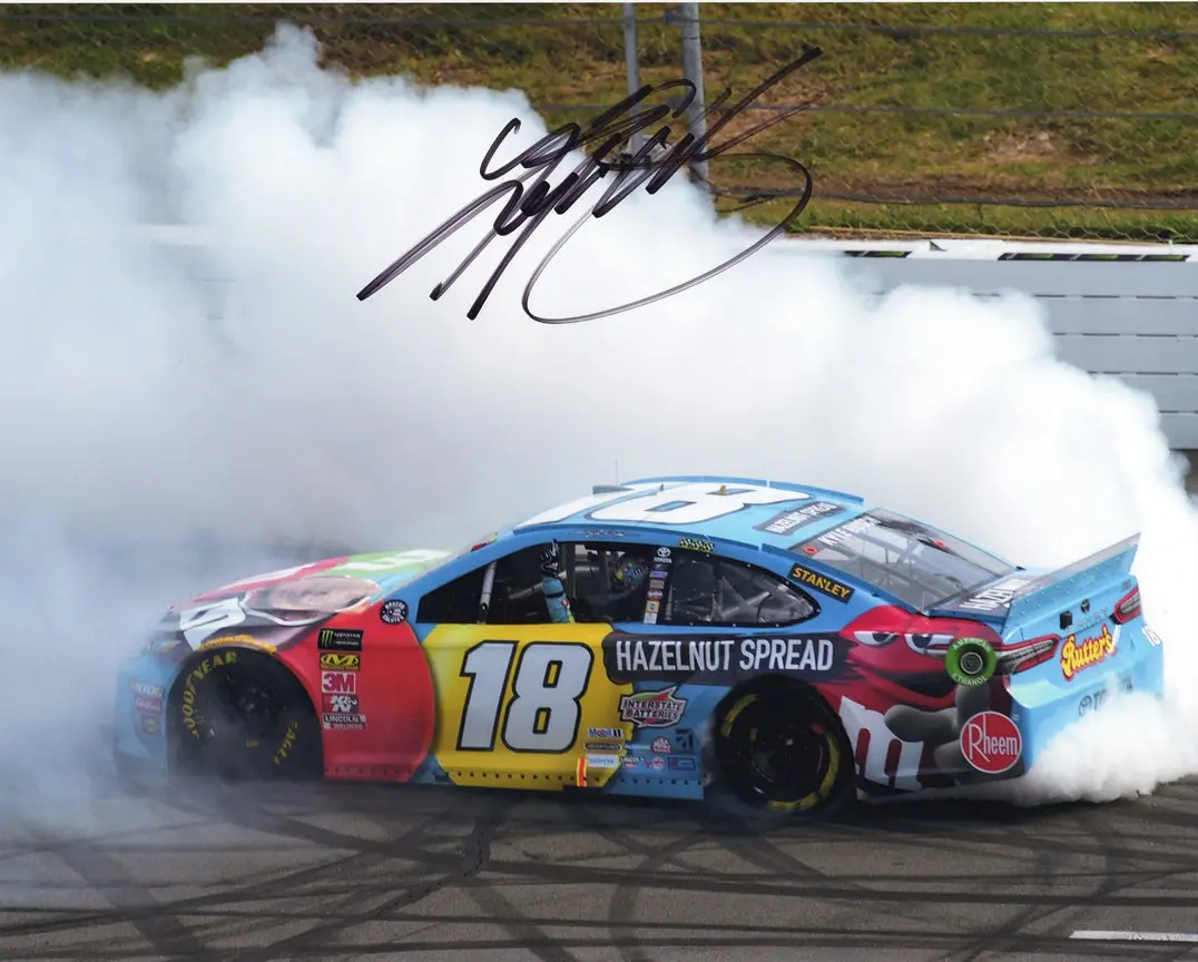 Autographed 2019 Kyle Busch #18 M&Ms Hazelnut Spread Pocono 400 Race Win (Victory Burnout Celebration) Signed 8X10 Inch Picture Nascar Glossy Photo With Coa 1