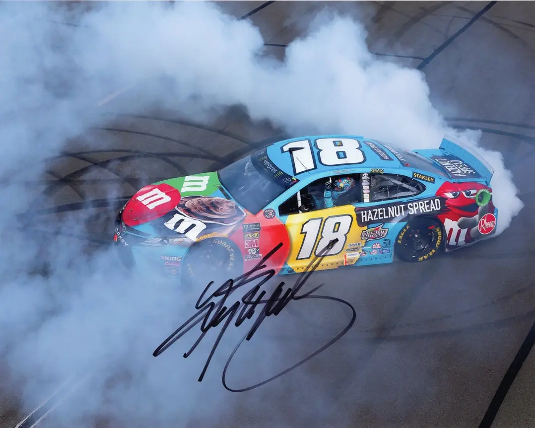 Autographed 2019 Kyle Busch #18 M&Ms Hazelnut Spread Pocono 400 Race Win (Victory Burnout Celebration) Signed 8X10 Inch Picture Nascar Glossy Photo With Coa 1
