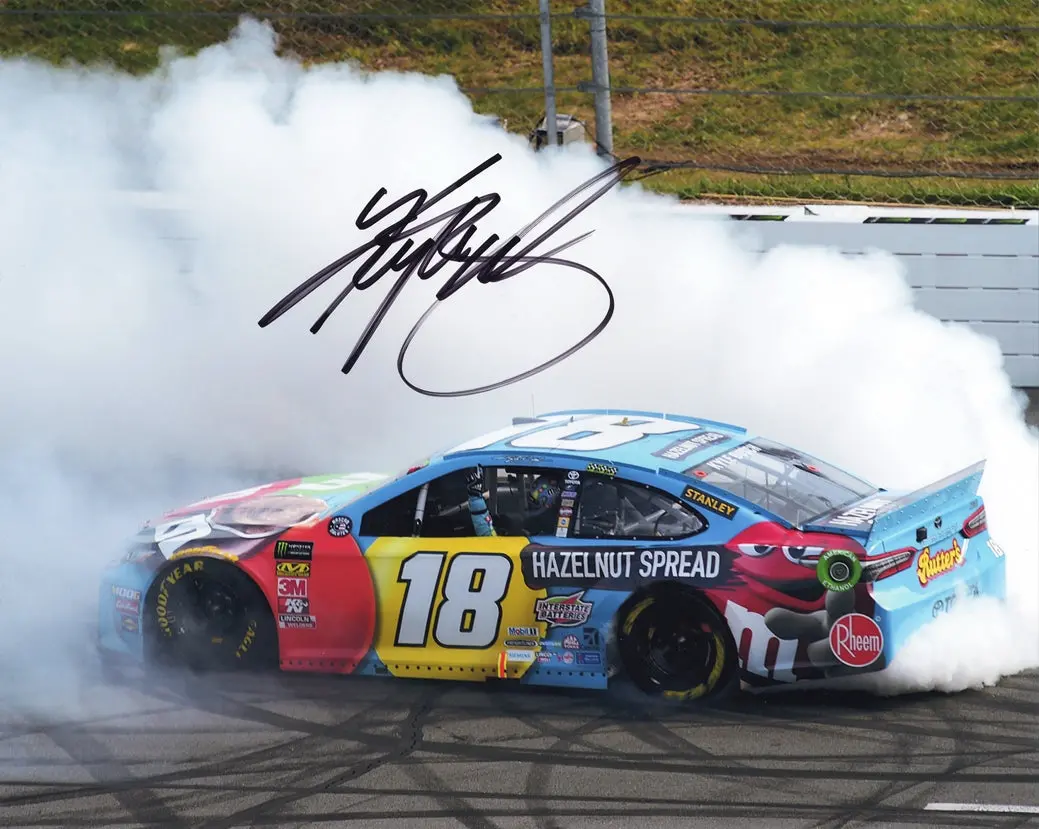 Autographed 2019 Kyle Busch #18 M&Ms Hazelnut Spread Pocono Race Win (Victory Burnout) Signed 8X10 Inch Picture Nascar Glossy Photo With Coa 1