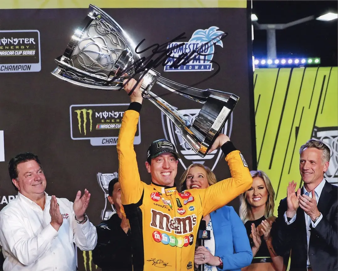 Autographed 2019 Kyle Busch #18 M&Ms Racing Nascar Champion (Victory Lane) Championship Trophy Signed 8X10 Inch Picture Nascar Glossy Photo With Coa 1