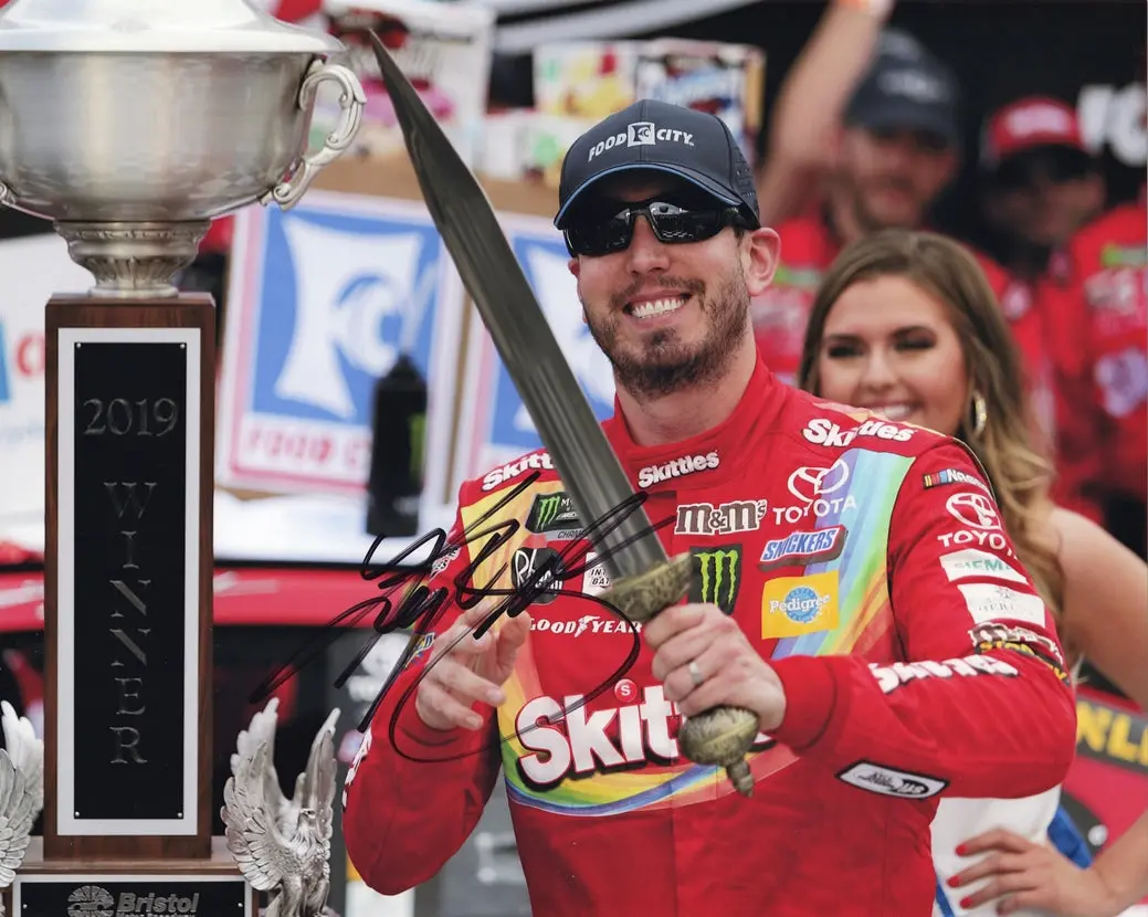 Autographed 2019 Kyle Busch #18 Skittles Racing Bristol Race Win (Victory Lane Sword Trophy) Signed 8X10 Inch Picture Nascar Glossy Photo With Coa 1