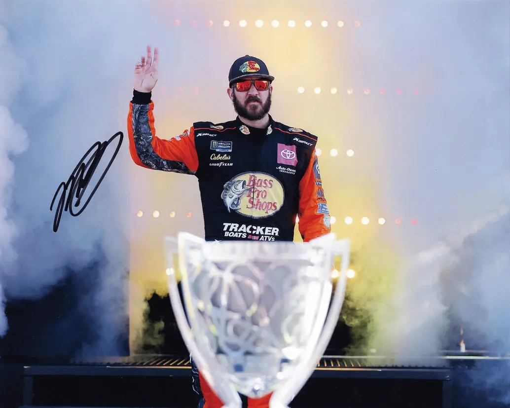 Autographed 2019 Martin Truex Jr. #19 Bass Pro Championship Trophy (Homestead Driver Intros) Signed 8X10 Inch Nascar Photo With Coa 1