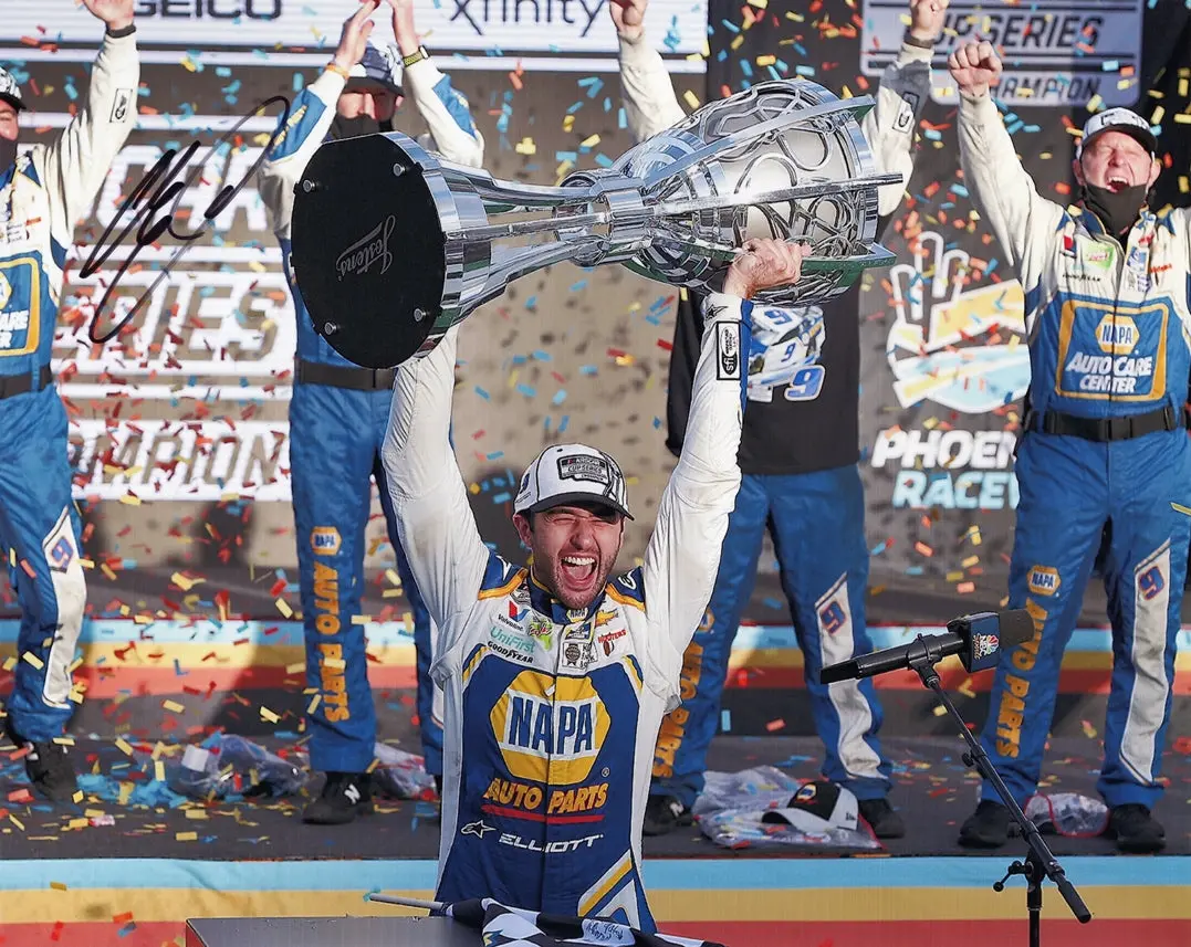 Autographed 2020 Chase Elliott #9 Napa Racing Phoenix Race Win (2020 Nascar Champion) Victory Lane Championship Trophy Signed 8X10 Inch Picture Nascar Glossy Photo With Coa 1