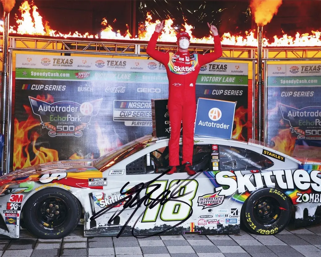 Autographed 2020 Kyle Busch #18 Skittles Zombie Texas Race Win (Victory Lane Celebration) Signed 8X10 Inch Picture Nascar Glossy Photo With Coa 1