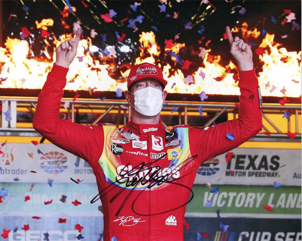 Autographed 2020 Kyle Busch #18 Skittles Zombie Texas Race Win (Victory Lane Flames) Signed 8X10 Inch Picture Nascar Glossy Photo With Coa 1