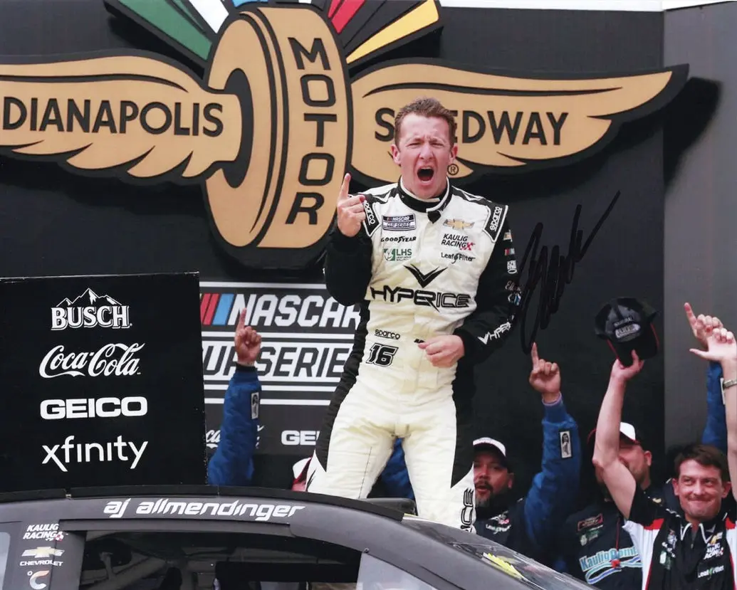 Autographed 2021 Aj Allmendinger #16 Hyper Ice Indy Road Course Win (Victory Lane) Signed 8X10 Inch Picture Nascar Photo With Coa 1
