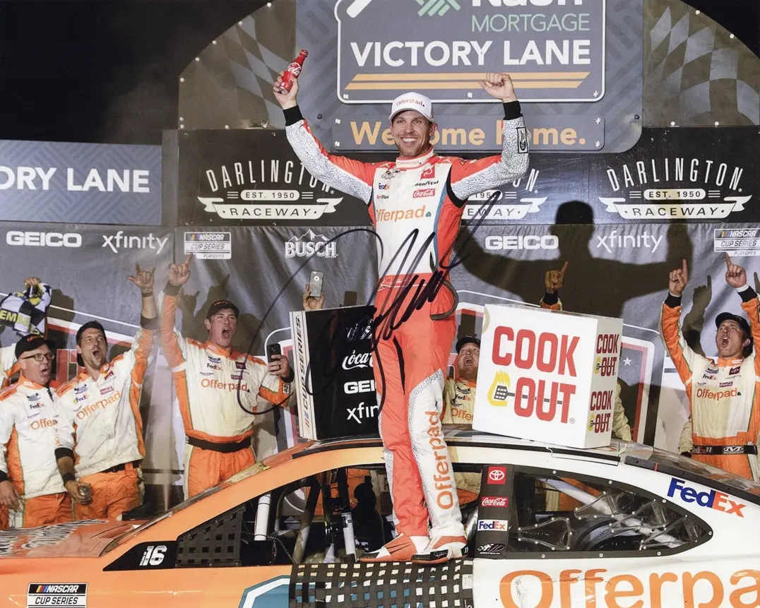 Autographed 2021 Denny Hamlin #11 Offerpad Racing Darlington Race Win (Cook Out Southern 500) Victory Lane Signed 8X10 Inch Picture Nascar Glossy Photo With Coa 1